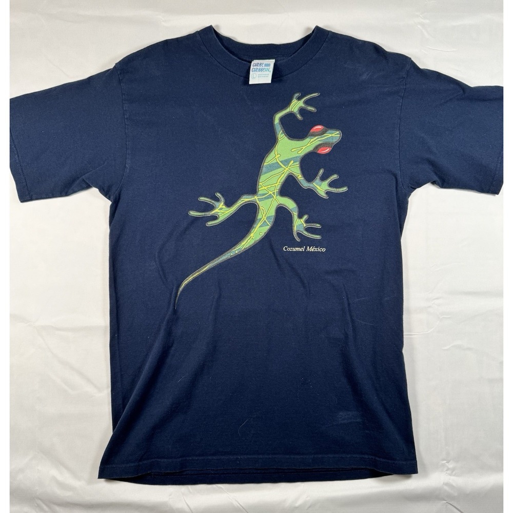 Vintage 90s Cozumel Mexico Gecko Lizard T-Shirt Navy Caribe Caribbean L
